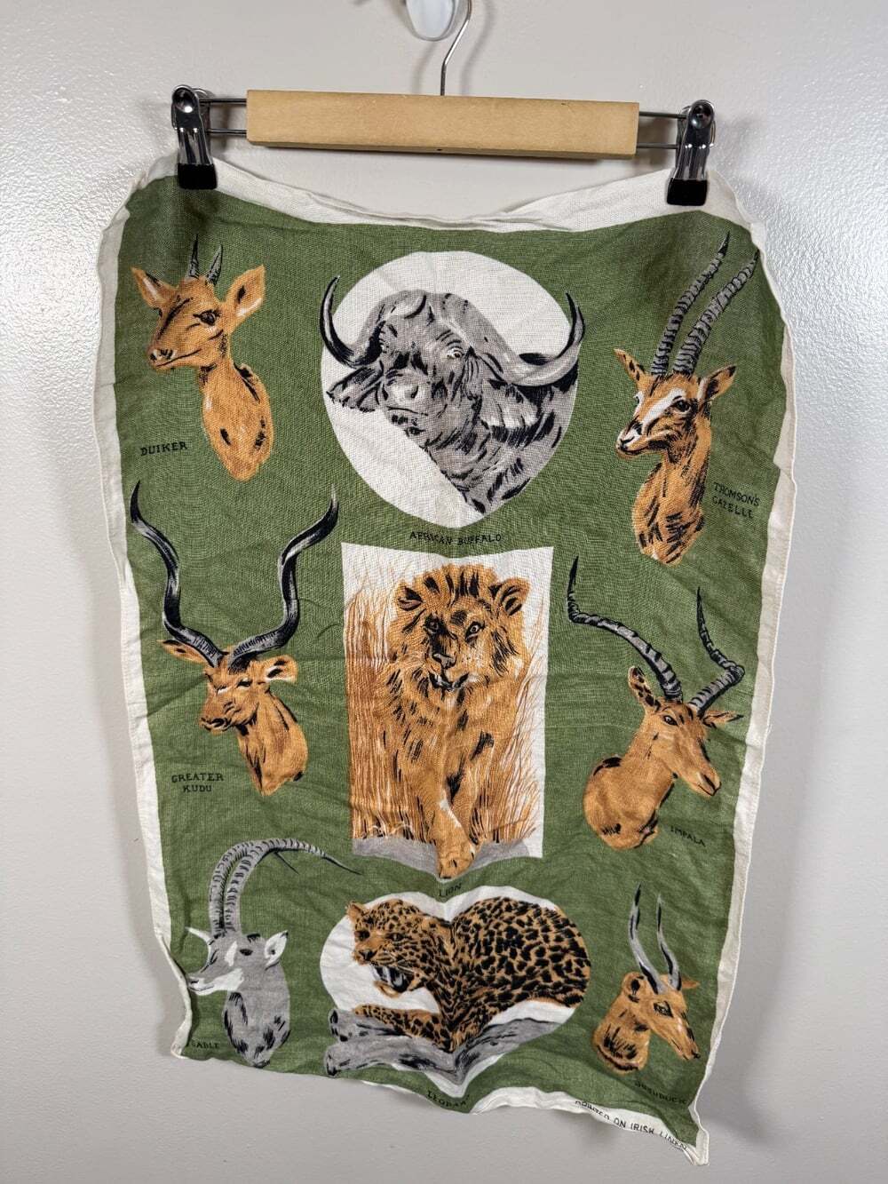 Vintage Irish Linen Tea Towel African Safari Wildlife Lion Leopard Buffalo